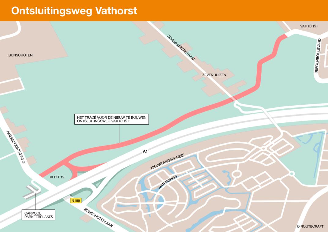 Kaart van de afrit AI bij amersfoort van de ontsluitingsweg van Vathorst naar de A1 bij bunschoten