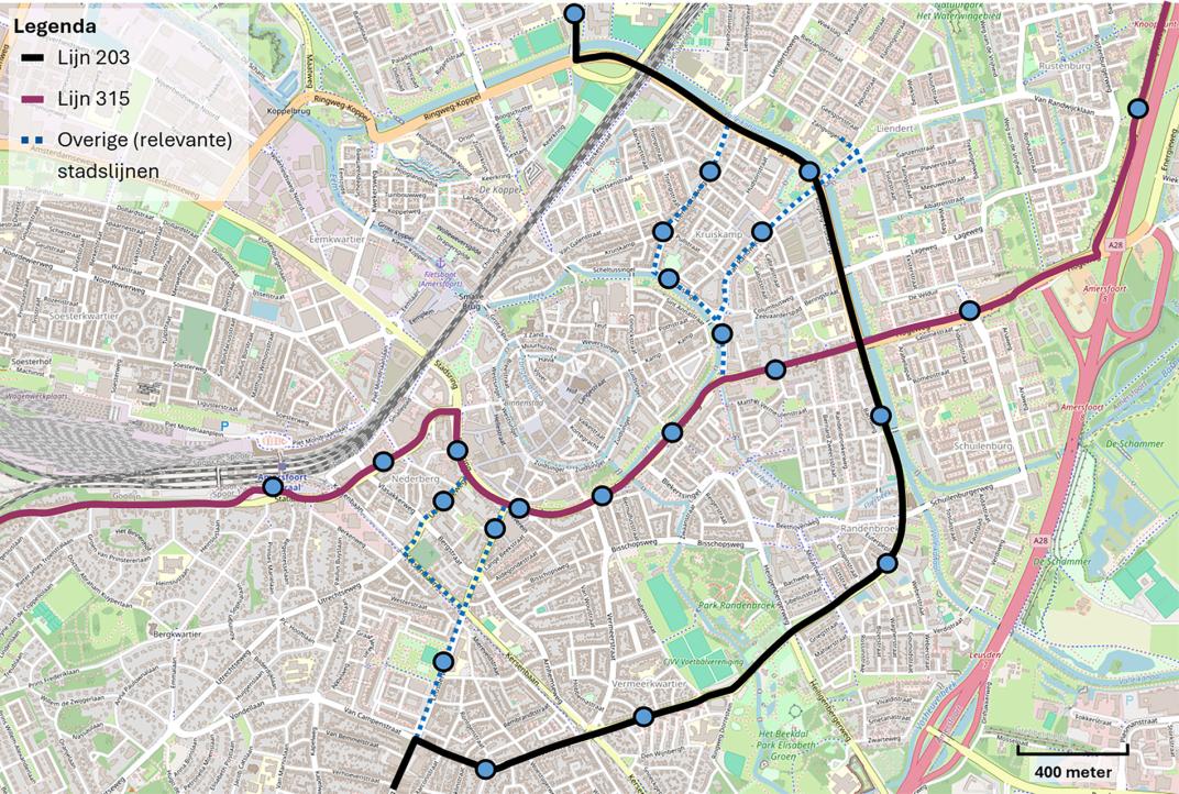 Plattegrond met daarop aangegeven de route en de haltes van lijn 203.