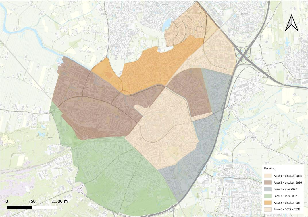 Plattegrond met daarop aangegeven de fasering invoering betaald parkeren.