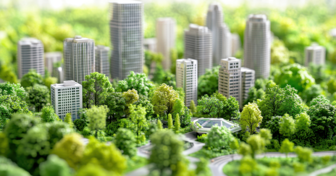 Foto van een stad helemaal in het groen