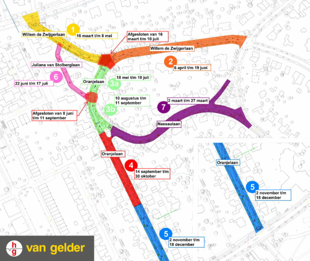 Kaart met de verschillende fases van de werkzaamheden van de Renovatie Pranjelaan en omgeving