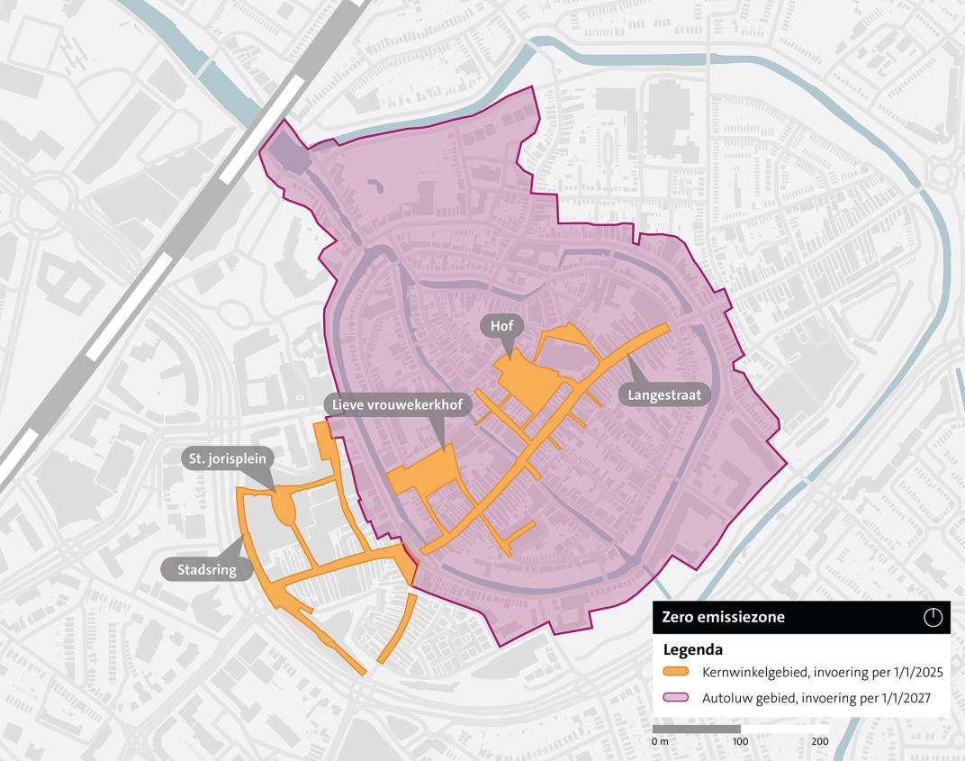 Kaart van de binnenstad van Amersfoort als kernwinkelgebied: van de Stadsring tot en met de Langestraat