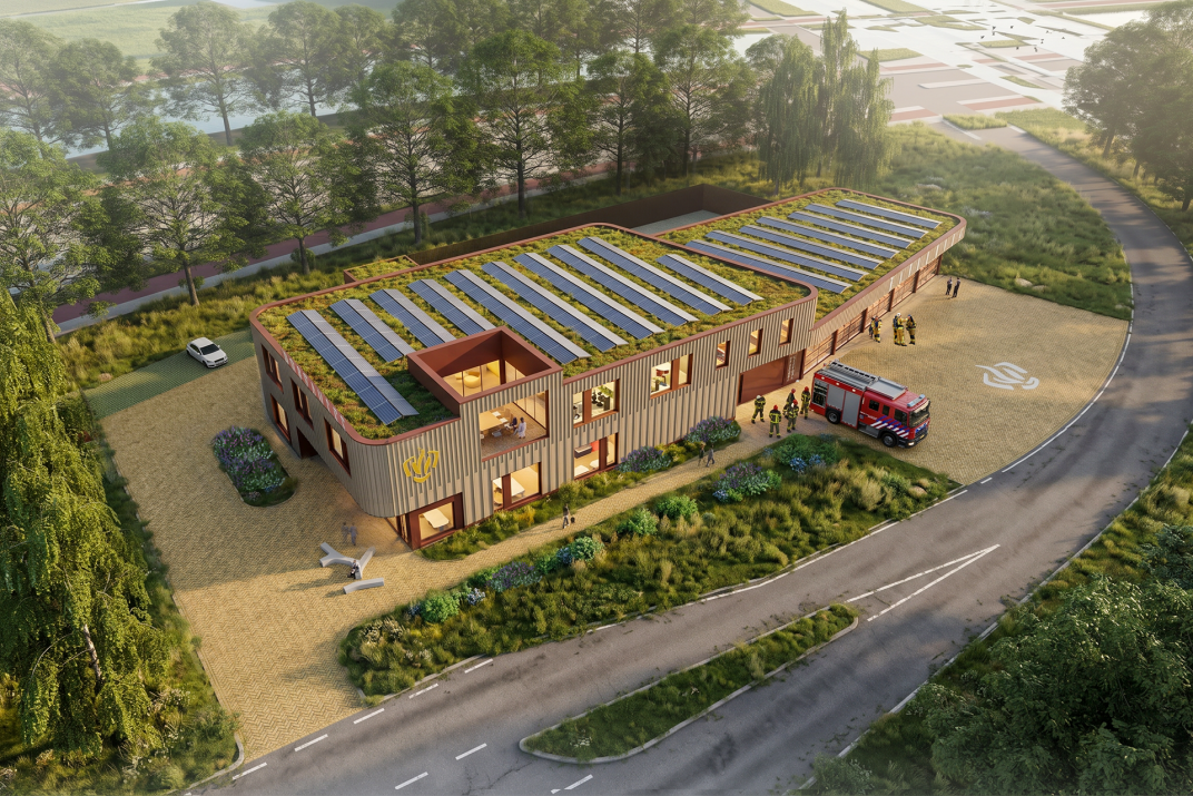 Impressie van de nieuwe brandweerkazerne Zielhorsterweg. Ontwerp: BDG Architecten.