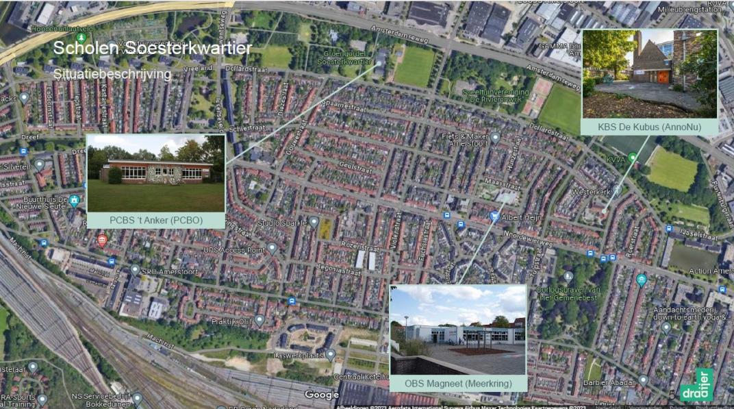 Plattegrond met daarop aangegeven de situatie van de scholen in het Soesterkwartier.