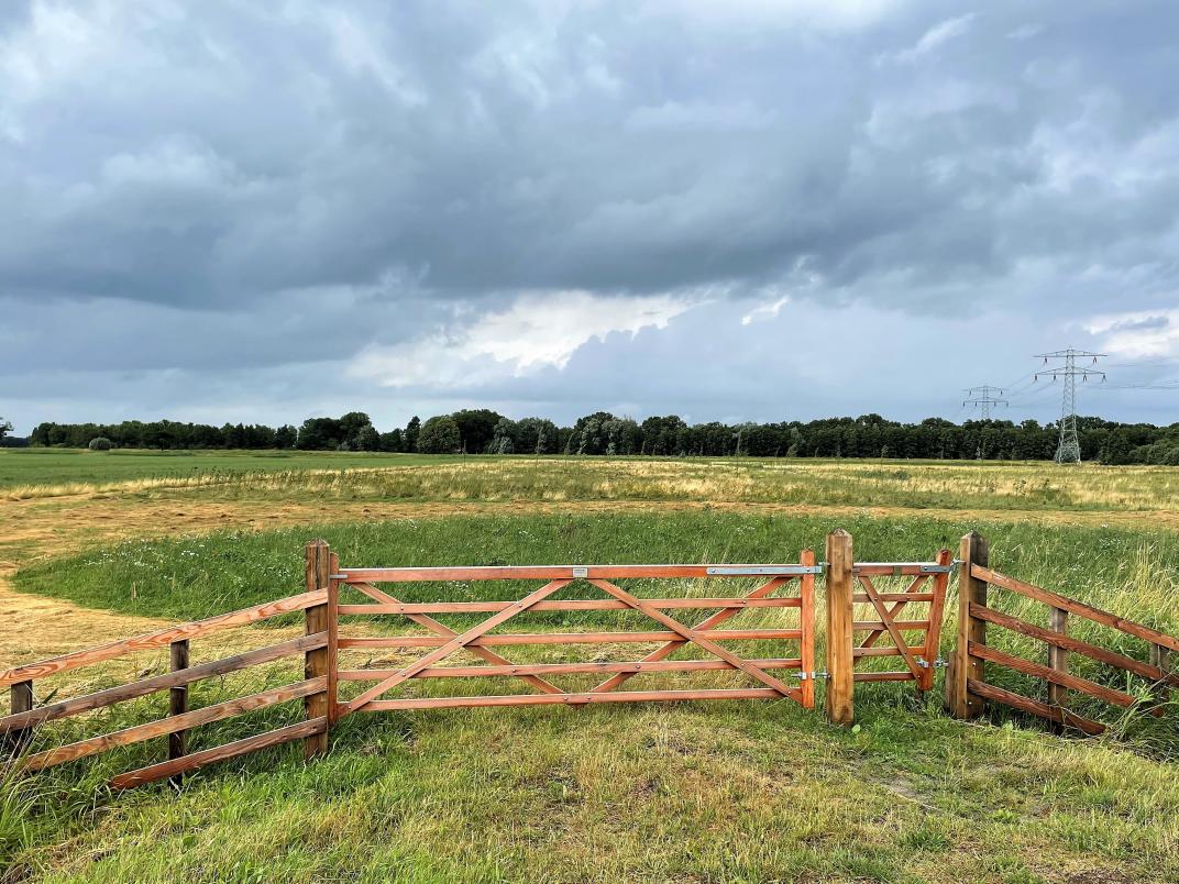 Foto van een groen landschap voorbij een houten hek