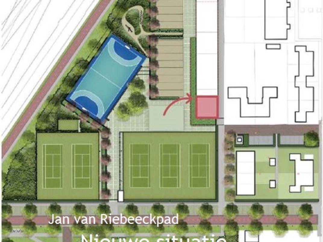 Plattegrond van nieuwe inrichting Liendert West met sportpark in het noorden.