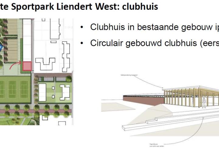 Schets van het clubhuis in het nieuwe sportpark in Liendert West.