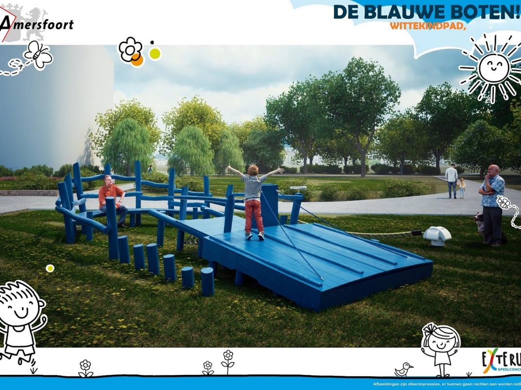 Speeltoestel van blauwe boten vanaf de zijkant