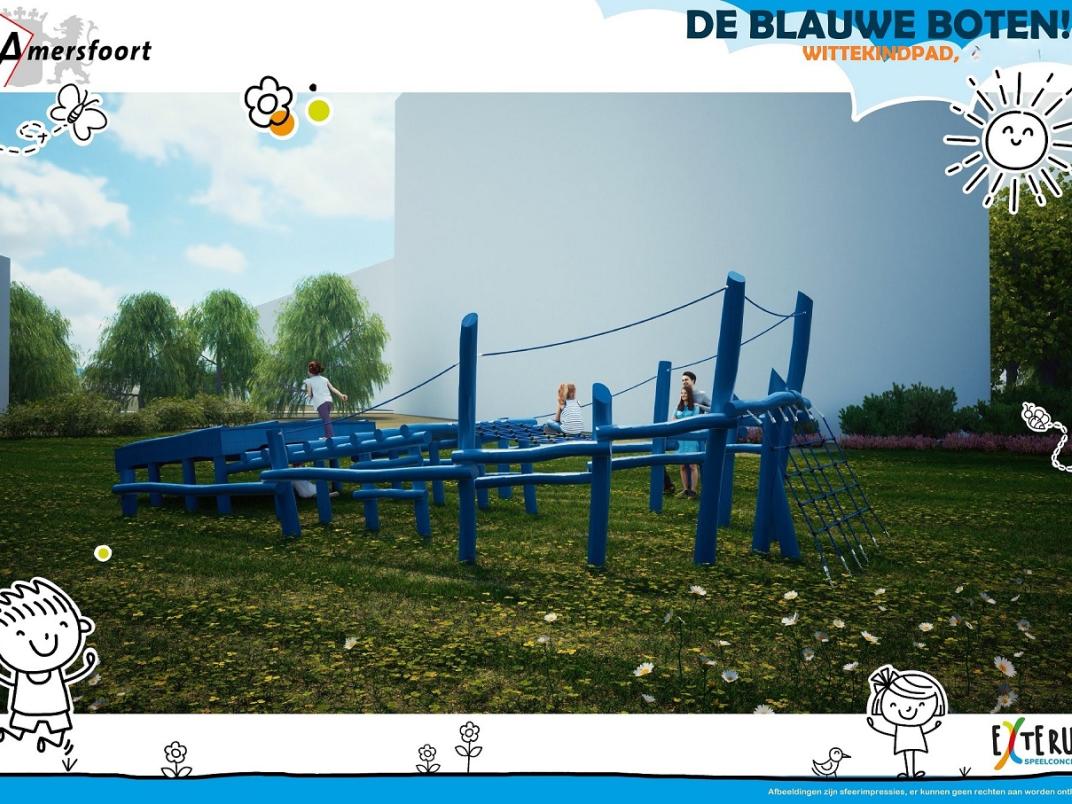 Speeltoestel van blauwe boten vanaf de zijkant