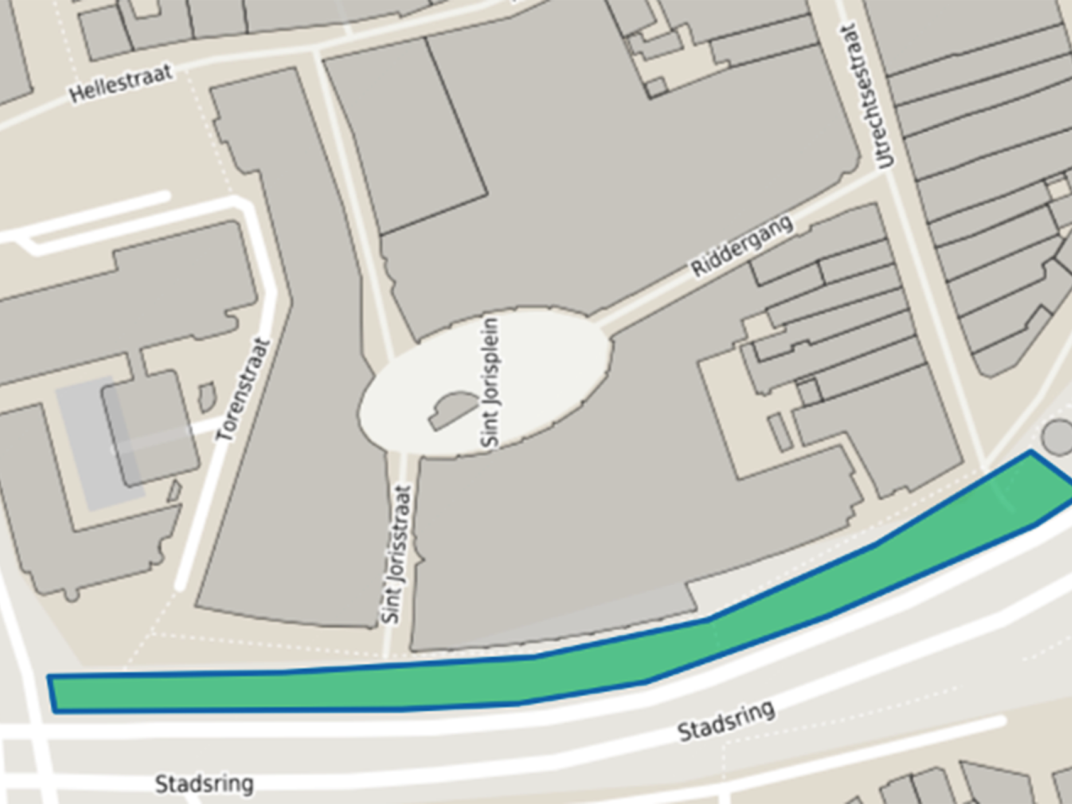 Plattegrond met daarop aangegeven het gebied aan de Stadsring vanaf de Molenstraat tot aan Amicitia
