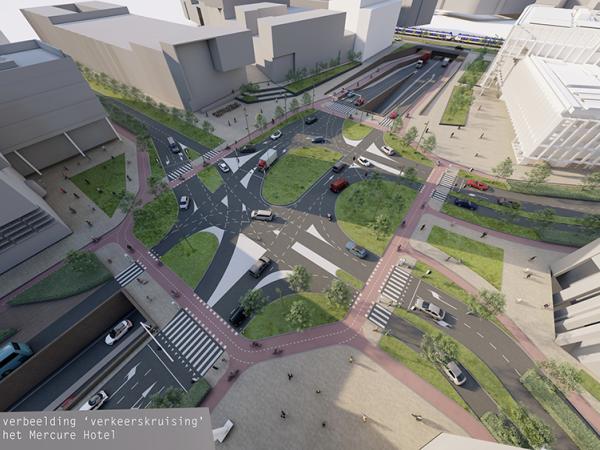 Schets verkeerskruising gezien vanaf het Mercure Hotel
