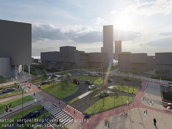 Schets verkeerskruising gezien vanaf het nieuwe Stadhuis
