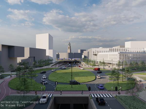 Schets voorrangsplein met gesloten tunnelbak gezien vanaf De Nieuwe Poort