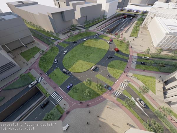 Schets voorrangsplein met gesloten tunnelbak gezien vanaf het Mercure Hotel