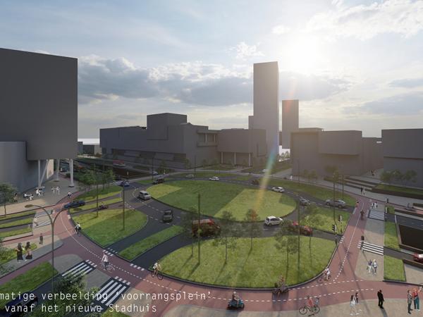 Schets voorrangsplein met gesloten tunnelbak gezien vanaf het nieuwe Stadhuis
