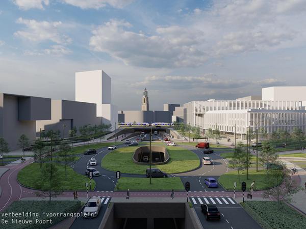 Schets voorrangsplein met open tunnelbak gezien vanaf De Nieuwe Poort