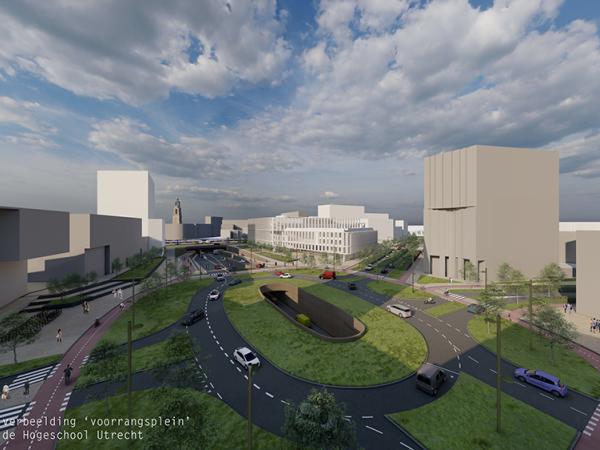 Schets voorrangsplein met open tunnelbak gezien vanaf de Hogeschool Utrecht