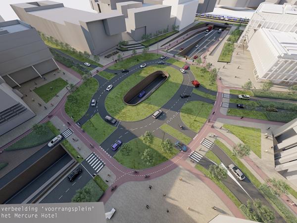 Schets voorrangsplein met open tunnelbak gezien vanaf het Mercure Hotel