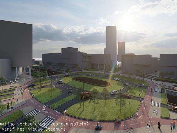 Schets voorrangsplein met open tunnelbak gezien vanaf het nieuwe Stadhuis