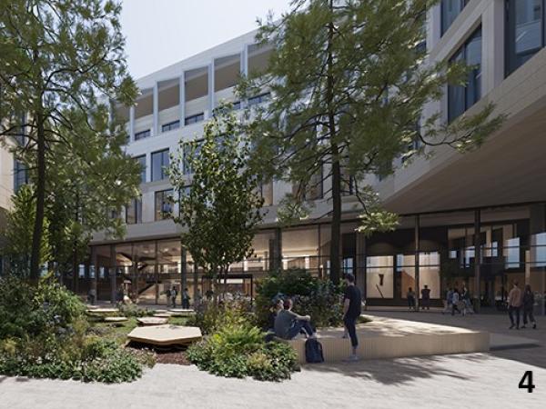 Een plein met plantenborders en muurtjes dat wordt omringd door een wit gebouw met veel ramen